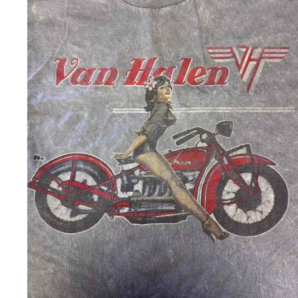Van Halen Mens Pin Up Girl Motorcycle Graphic‎ T-Shirt Gray Mineral Wash Large